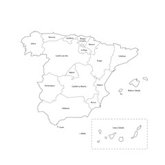 Spain political map of administrative divisions - autonomous communities and autonomous cities of Ceuta and Melilla. Handdrawn doodle style map with black outline borders and name labels.