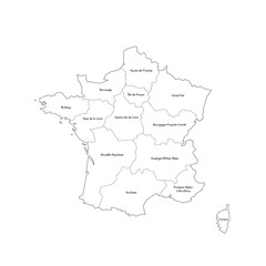 France political map of administrative divisions - regions. Handdrawn doodle style map with black outline borders and name labels.