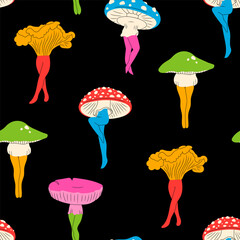 Fototapeta na wymiar Various Mushrooms with graceful female legs. Abstract ladies with mushroom hats. Hand drawn modern Vector illustration. Unique creatures, characters. Psychedelic, trip concept. Square seamless Pattern