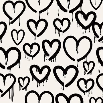 Various unique Hearts. Dripping paint, graffiti style, brush stroke, ink splatter grunge hearts. Hand drawn trendy Vector illustration. Symbol of love, valentine concept. Square seamless Pattern