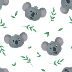 Koala seamless pattern. Cute koala smiling and laughing face, leaves and branches. Transparent background, high resolution, 300dpi © Alena Pershina