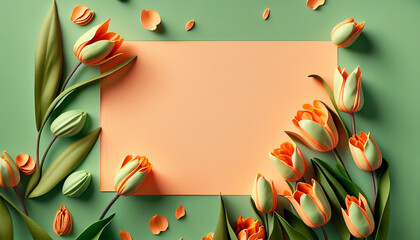Greeting card, top view of coloful tulips with frame for text, 8 march, International Women's Day, Ai generated