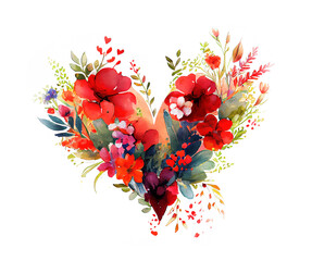 Romantic heart made of wild flowers, grasses and poppies in artistic watercolor painting style generative AI art - 570269789