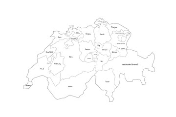 Switzerland political map of administrative divisions - cantons. Handdrawn doodle style map with black outline borders and name labels.