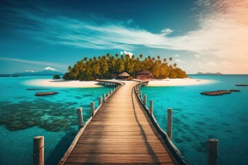 Obraz premium Beautiful tropical Maldives island with blue sky and sea for background of nature vacation. Vertical panorama of the tropics with a wooden path and jetty. amazing idea for a summer vacation
