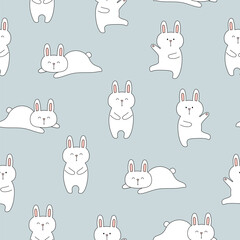 Seamless pattern with cute bunnies on blue background. Template for baby design.