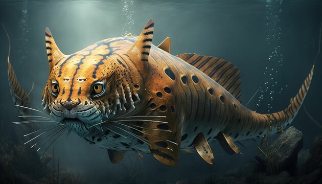 Unique tiger fish animal hybrid, amazing animals that doesn't exist! Made with generative AI