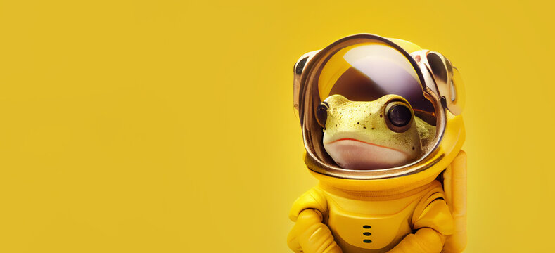 frog astronaut over yellow background, panoramic layout. Generative Ai