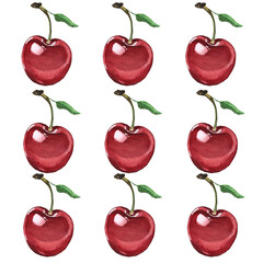 Watercolor painting pattern of cherry isolated on white background. Hand drawn.
