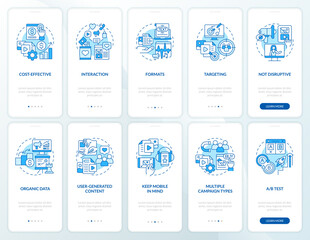 SMM benefits and tips blue onboarding mobile app screens set. Walkthrough 5 steps editable graphic instructions with linear concepts. UI, UX, GUI template. Myriad Pro-Bold, Regular fonts used