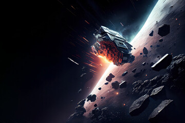 spaceship flying through asteroid. Generative Ai