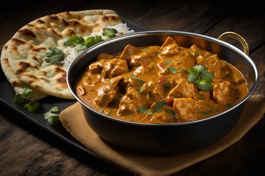 Indian butter chicken curry in balti dish. Generative AI
