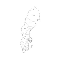 Sweden political map of administrative divisions - counties. Handdrawn doodle style map with black outline borders and name labels.