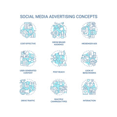 Social media advertising turquoise concept icons set. SMM technology for business idea thin line color illustrations. Isolated symbols. Editable stroke. Roboto-Medium, Myriad Pro-Bold fonts used
