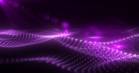 Abstract purple glowing waves from particles and dots energy magical futuristic hi-tech, abstract background