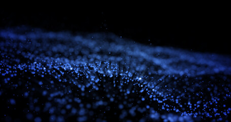 Abstract blue glowing energy waves from particles and magical dots with blur effect on dark background. Abstract background