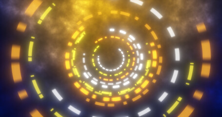 Abstract round swirling rings HUD elements blue and yellow from flying particles glowing energy scientific futuristic hi-tech background