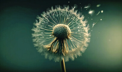A realistic withering dandelion with delicate seeds taking flight