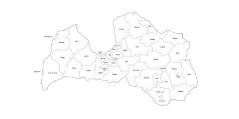 Latvia political map of administrative divisions - municipalities and cities. Handdrawn doodle style map with black outline borders and name labels.
