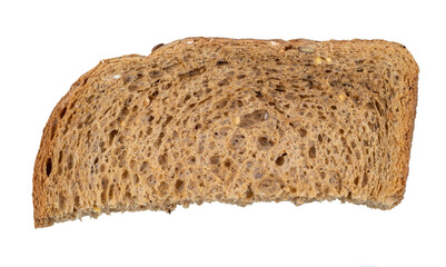 dried slice of brown wholegrain bread cutout on white background