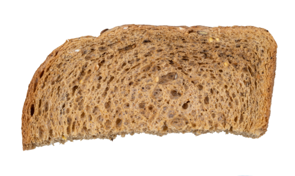 dried slice of brown wholegrain bread cutout on white background