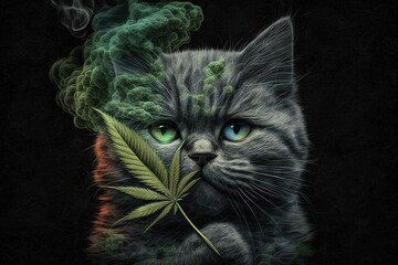 cat Animal smoking ganja weed illustration generative ai - obrazy, fototapety, plakaty