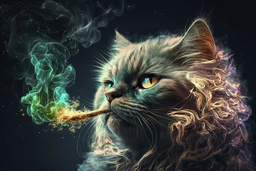 Fotobehang cat Animal smoking ganja weed illustration generative ai © Andrea Izzotti