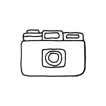 recommend clip art: Camera. Optical-mechanical device for photography. Digital camera. Doodle. Hand drawn. Vector illustration. Outline.