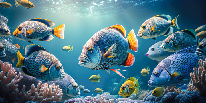 many tropical fish in a coral reef, banner, panorama, shoal, school - Generative AI