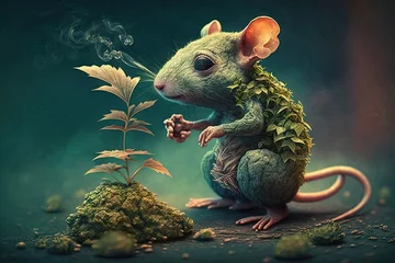 Fotobehang Mouse Animal smoking ganja weed illustration generative ai © Andrea Izzotti