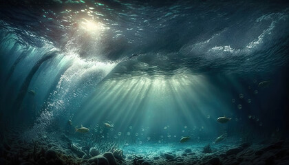 Obraz na płótnie Canvas Under the Water. Under the Ocean. Beams of sunlight piercing through. Underwater shot. Generative AI.