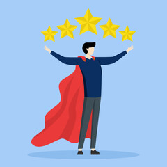 5 star expert, award winning or best rating concept, excellence or great service, professional quality and good reputation, businessman superhero bring big gold customer 5 star rating feedback.