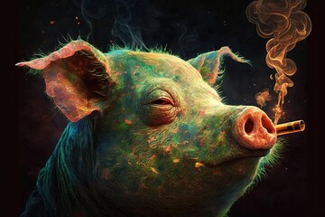 Pig Animal smoking ganja weed illustration generative ai - obrazy, fototapety, plakaty