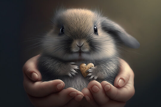 Beutiful small and cute banny holding a heart. Love. Valentine Day. Generative AI