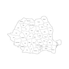 Romania political map of administrative divisions - counties and autonomous municipality of Bucharest. Handdrawn doodle style map with black outline borders and name labels.