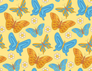 Fototapeta na wymiar Groovy pattern hippie bright butterflies and daisy flower on yellow background in trendy retro style. Hippie 60s, 70s style.