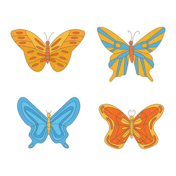 Groovy  set of hippie bright butterflies  in  60s 70s flat style. 