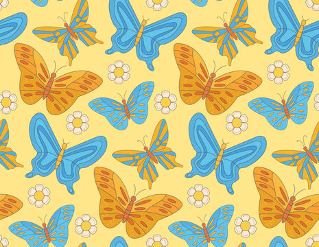 Groovy  pattern hippie bright butterflies and daisy flower on yellow background   in trendy retro  style. Hippie 60s, 70s style.