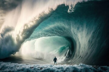 alone person stands firm and fearless in front of a huge tsunami ocean wave, created with Generative AI technology - obrazy, fototapety, plakaty