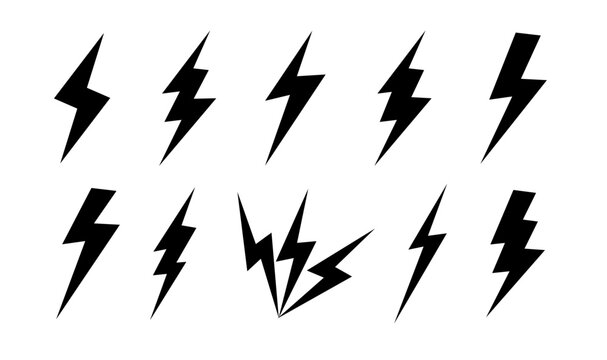 Lightning Bolt Icons With Grunge Isolated On White Background. Vintage Flash Symbol, Thunderbolt. Simple Lightning Strike Sign. Vector