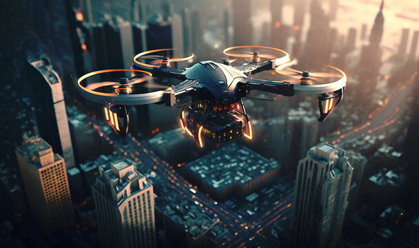 A drone flying over a cityscape, capturing aerial footage