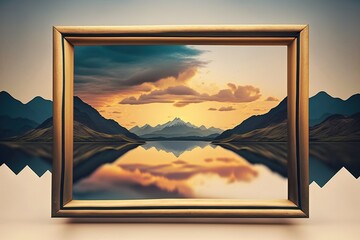 Landscape with sunset mountains and lake through rectangular frame, concept of Framing and Reflection, created with Generative AI technology