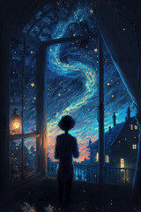 Obraz na płótnie Canvas girl looking out a window at the night sky. generative ai.