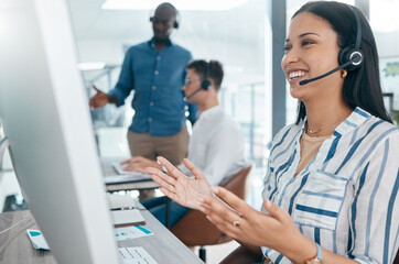 Fototapeta premium Crm, woman discussion and call center business call conversation at a computer working. Telemarketing worker, company networking and happy contact us worker on a digital consultation for tech help