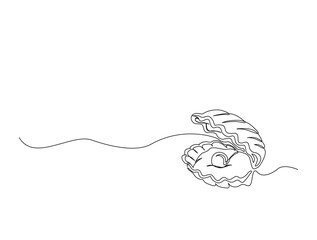 Continuous one line drawing of open pearl shell. Simple illustration of shell with pearl line art vector illustration