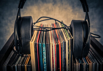 Vinyl records and headphones in retro style