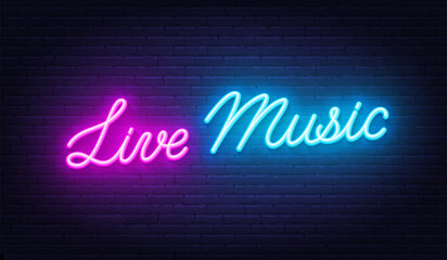 Fototapeta na wymiar Live Music neon sign on brick wall background.