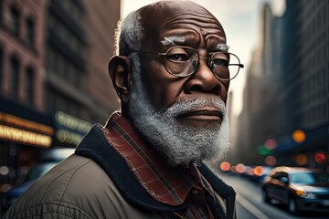 Fototapeta premium close up portrait of an old African American man walking in urban street, Generative Ai not real person