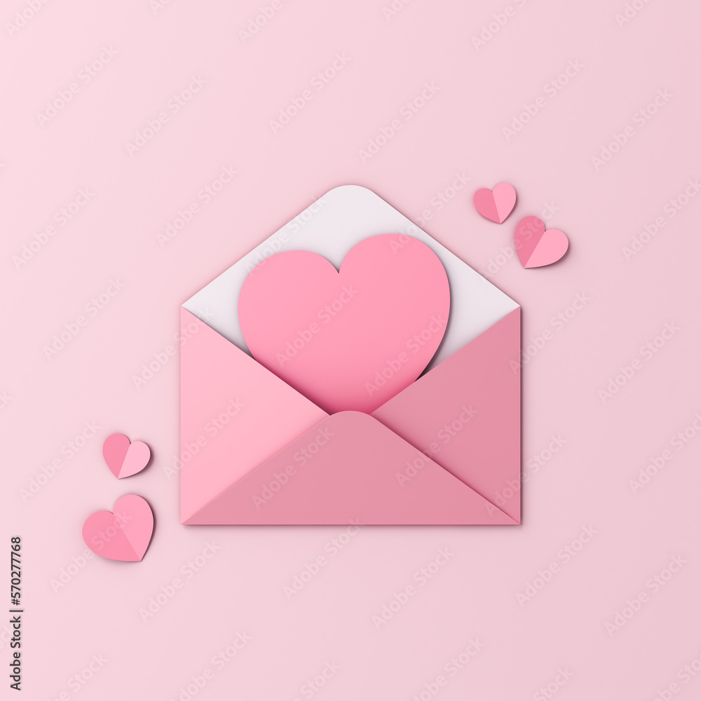 Poster creative idea love letter concepts blank pink heart shape paper card in pink envelope and pink origa