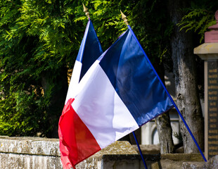 French flag floating with the wind, national symbol, blue, white, red, celebration day, France, Europe